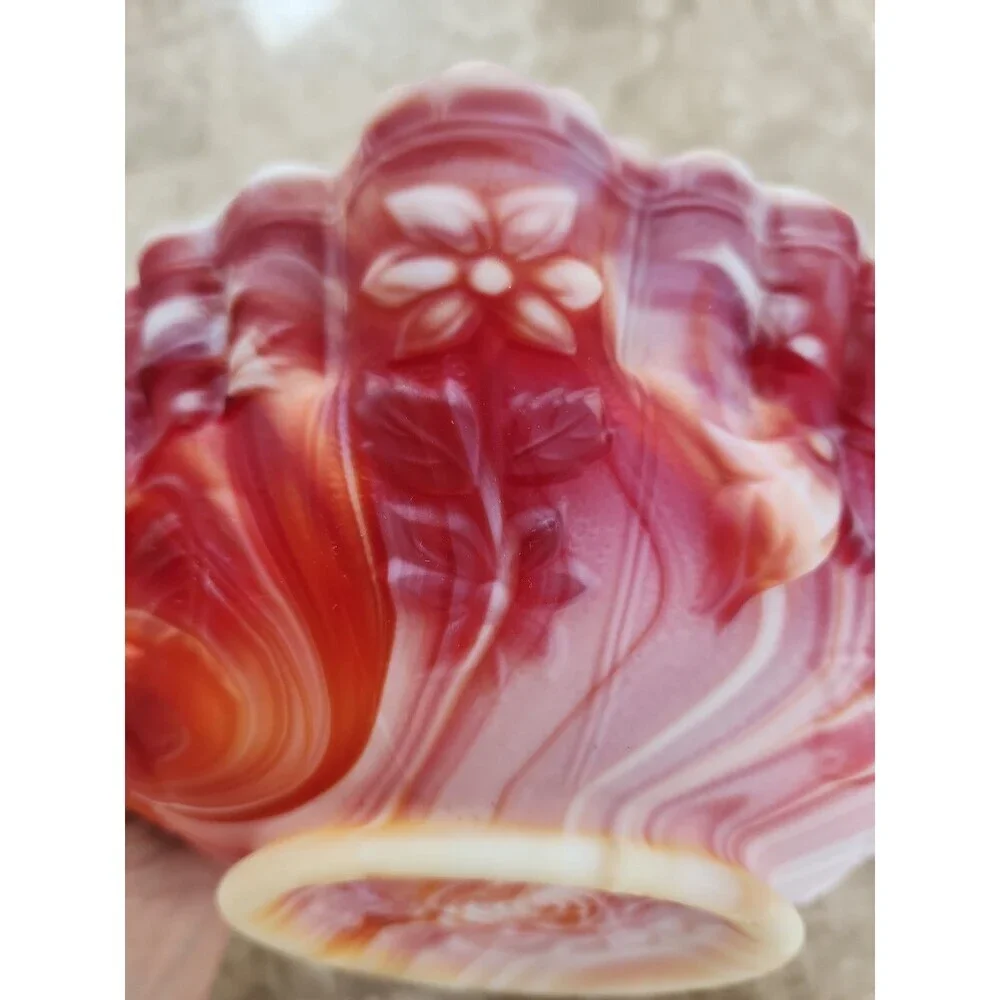 Vintage Imperial Red/orange/white Slag Glass Ruffled Dish With Embossed...